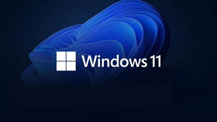 لوگوی سفید Windows 11 روی پس زمینه تیره با طرح انتزاعی و موجی آبی رنگ.