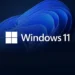 لوگوی سفید Windows 11 روی پس زمینه تیره با طرح انتزاعی و موجی آبی رنگ.