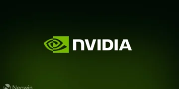 لوگوی سبز و سفید NVIDIA در مرکز پس‌زمینه‌ای تیره و سبز، با واترمارک Neowin در گوشه پایین سمت چپ.