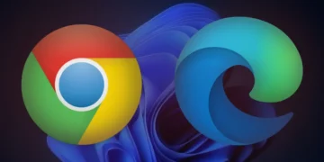 لوگوهای بزرگ Google Chrome و Microsoft Edge روی پسزمینه آبی تیره با طرح شناور ویندوز ۱۱، در تصویری مفهومی از رقابت یا همزیستی دو مرورگر روی ویندوز.