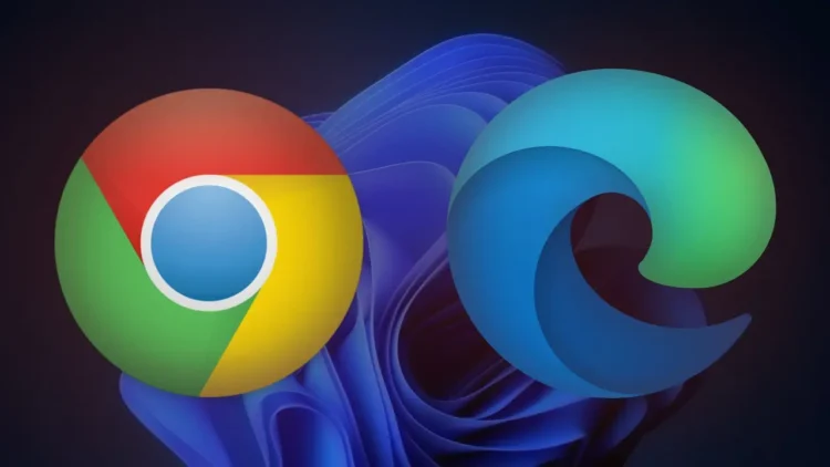 لوگوهای بزرگ Google Chrome و Microsoft Edge روی پسزمینه آبی تیره با طرح شناور ویندوز ۱۱، در تصویری مفهومی از رقابت یا همزیستی دو مرورگر روی ویندوز.