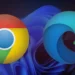 لوگوهای بزرگ Google Chrome و Microsoft Edge روی پسزمینه آبی تیره با طرح شناور ویندوز ۱۱، در تصویری مفهومی از رقابت یا همزیستی دو مرورگر روی ویندوز.