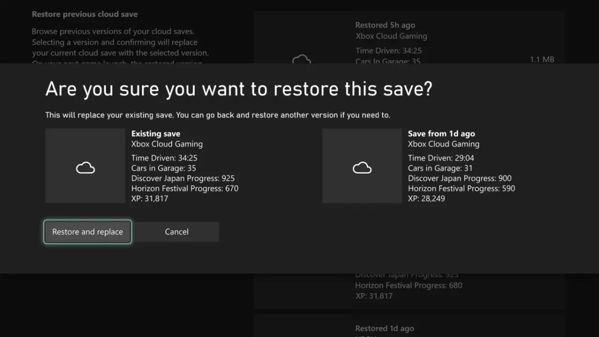 رابط کاربری کنسول ایکسباکس در بخش فضای ابری (Cloud Gaming) که گزینه بازیابی فایل ذخیره شده (Restore Save) را نشان میدهد و مقایسهای بین فایل ذخیره فعلی و فایل ذخیره یک روز پیش برای بازی Forza Horizon 6 ارائه میکند.