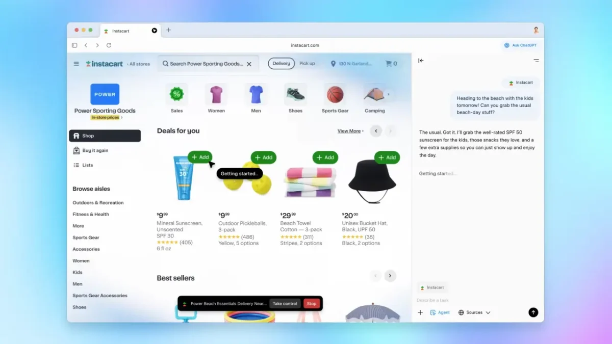 صفحهای از فروشگاه Instacart در یک مرورگر، با پنل ChatGPT در سمت راست که یک گفتوگوی خرید را برای تهیه لوازم ساحلی نمایش میدهد