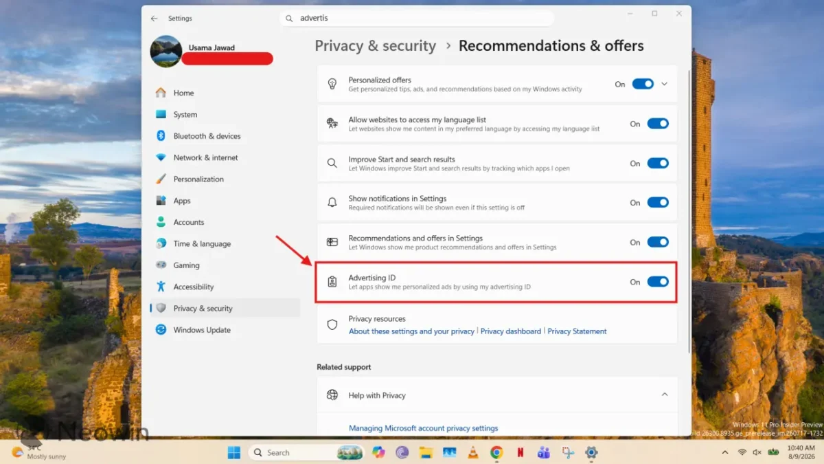 صفحه تنظیمات Privacy & security ویندوز ۱۱ در بخش Recommendations & offers با کادر قرمز پیرامون گزینه Advertising ID فعال