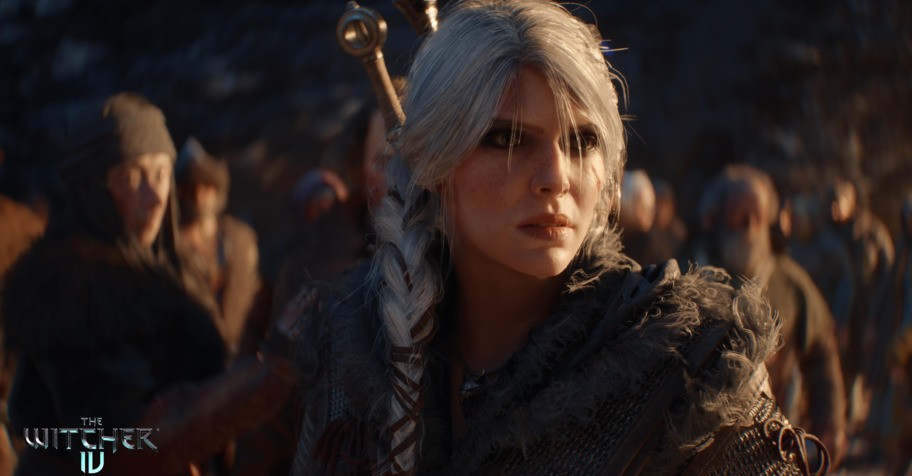 نمای نزدیک از سیری، شخصیت اصلی بازی The Witcher 4، با موهای سفید بافته‌شده و لباس جنگی، در میان جمعیتی در محیطی فانتزی و نورپردازی گرم.