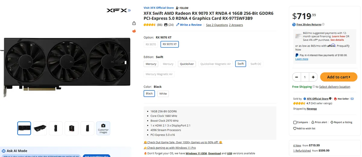 صفحه محصول کارت گرافیک XFX Swift AMD Radeon RX 9070 XT با حافظه 16 گیگابایت GDDR6، قیمت 719.99 دلار و مشخصات فنی در وبسایت نیواگ (Newegg)