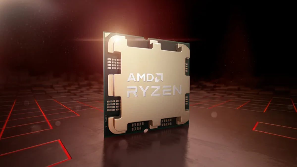 پردازنده AMD Ryzen بهصورت عمودی روی پسزمینه تیره و قرمز، با نورپردازی سینمایی و خطوط قرمز شبیه مدار.