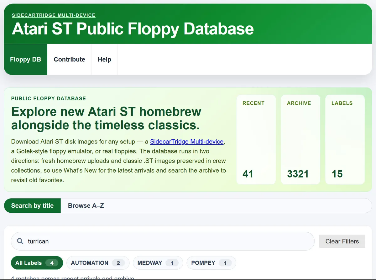 رابط کاربری مدرن وبسایت Atari ST Public Floppy Database برای جستجو و دانلود بازیهای کلاسیک و هومبرو (Homebrew)، با نمایش تعداد آرشیوها (۳۳۲۱ مورد) و فیلترهای جستجوی Turrican