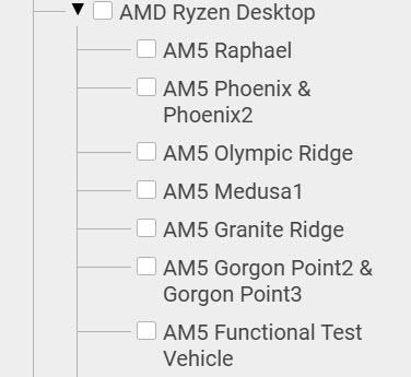 فهرست درختی پردازندههای دسکتاپ AMD Ryzen با گزینههای AM5 Raphael، AM5 Phoenix و Phoenix2، AM5 Olympic Ridge، AM5 Medusa1، AM5 Granite Ridge، AM5 Gorgon Point2 و Gorgon Point3 و AM5 Functional Test Vehicle.