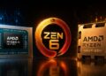 تصویر مفهومی پردازنده‌های نسل بعدی AMD Ryzen شامل تراشه AMD Ryzen AI در سمت چپ، نشان Zen 6 در مرکز و تراشه AMD Ryzen Next-Gen در سمت راست، با نورپردازی آبی و نارنجی.