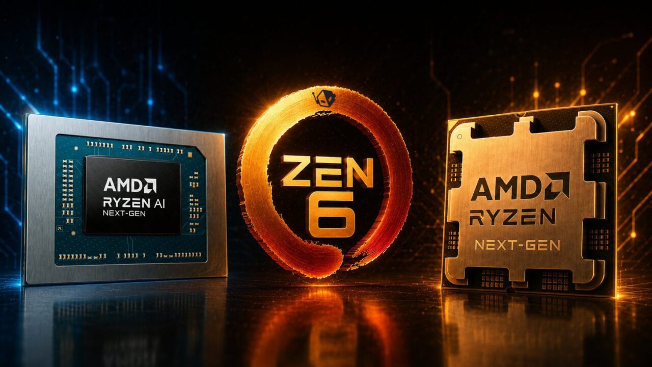 تصویر مفهومی پردازندههای نسل بعدی AMD Ryzen شامل تراشه AMD Ryzen AI در سمت چپ، نشان Zen 6 در مرکز و تراشه AMD Ryzen Next-Gen در سمت راست، با نورپردازی آبی و نارنجی.