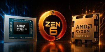 تصویر مفهومی پردازنده‌های نسل بعدی AMD Ryzen شامل تراشه AMD Ryzen AI در سمت چپ، نشان Zen 6 در مرکز و تراشه AMD Ryzen Next-Gen در سمت راست، با نورپردازی آبی و نارنجی.