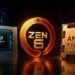 تصویر مفهومی پردازنده‌های نسل بعدی AMD Ryzen شامل تراشه AMD Ryzen AI در سمت چپ، نشان Zen 6 در مرکز و تراشه AMD Ryzen Next-Gen در سمت راست، با نورپردازی آبی و نارنجی.