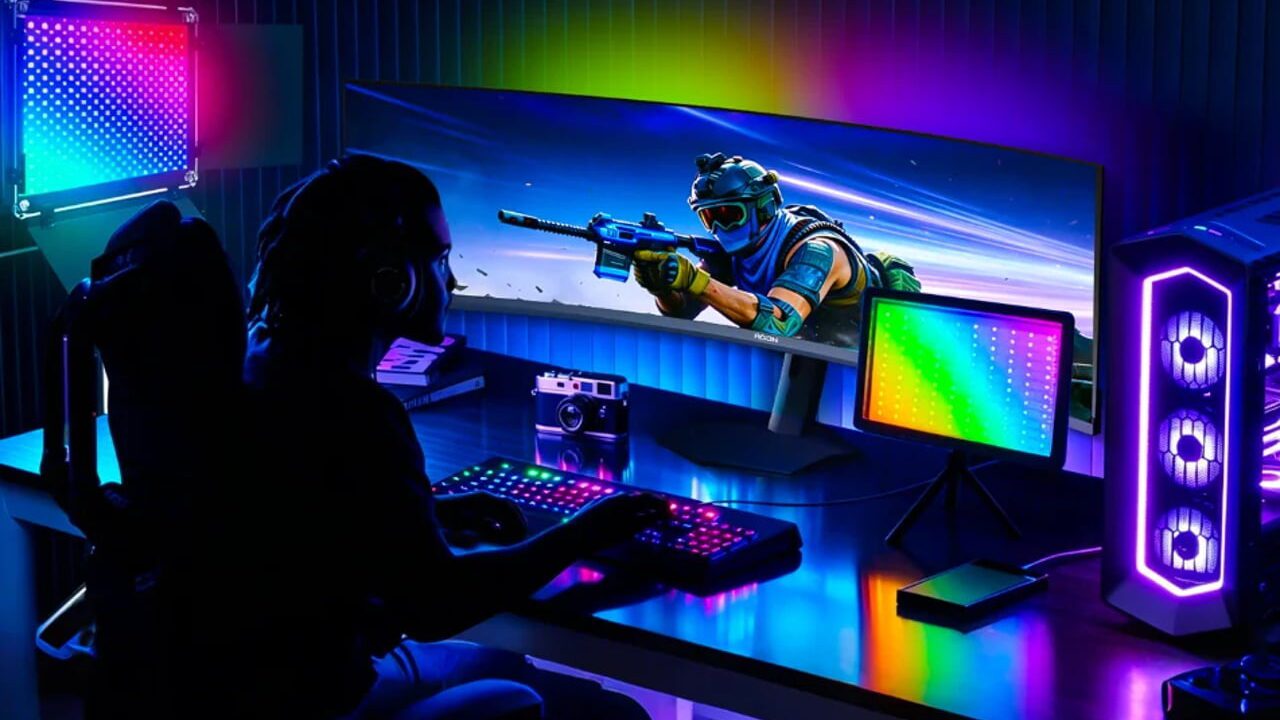 گیمر نشسته پشت میز گیمینگ با مانیتور بسیار عریض خمیده AOC AGON، نورپردازی نئونی RGB و کیس شفاف گیمینگ.