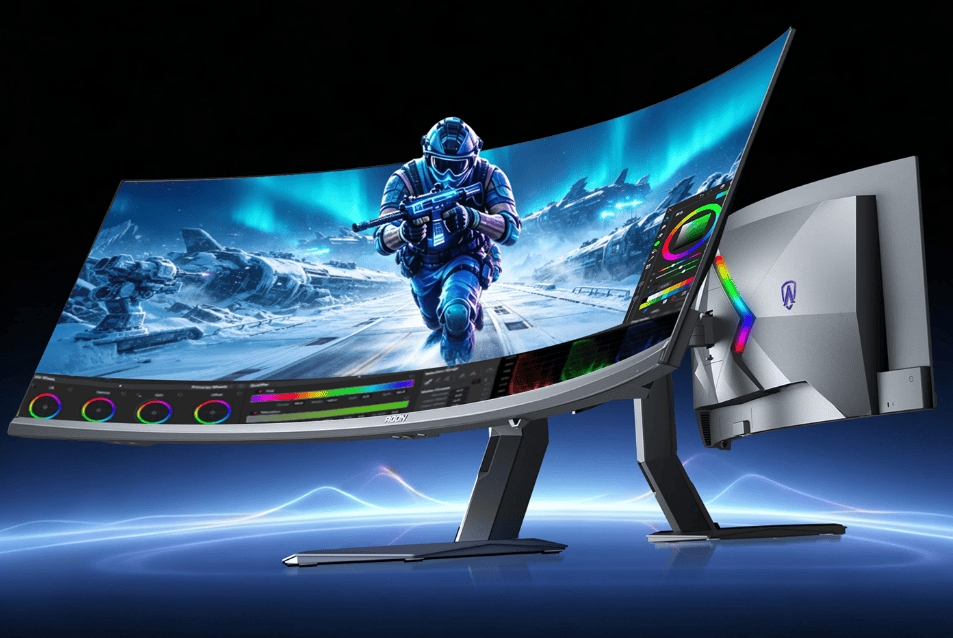 مانیتور گیمینگ فوق عریض خمیده AOC AGON روی پایه دوتایی فلزی با تصویر یک سرباز در محیط برفی و نوار کنترل رنگ در پایین صفحه به همراه نمای پشت مانیتور با نورپردازی RGB.