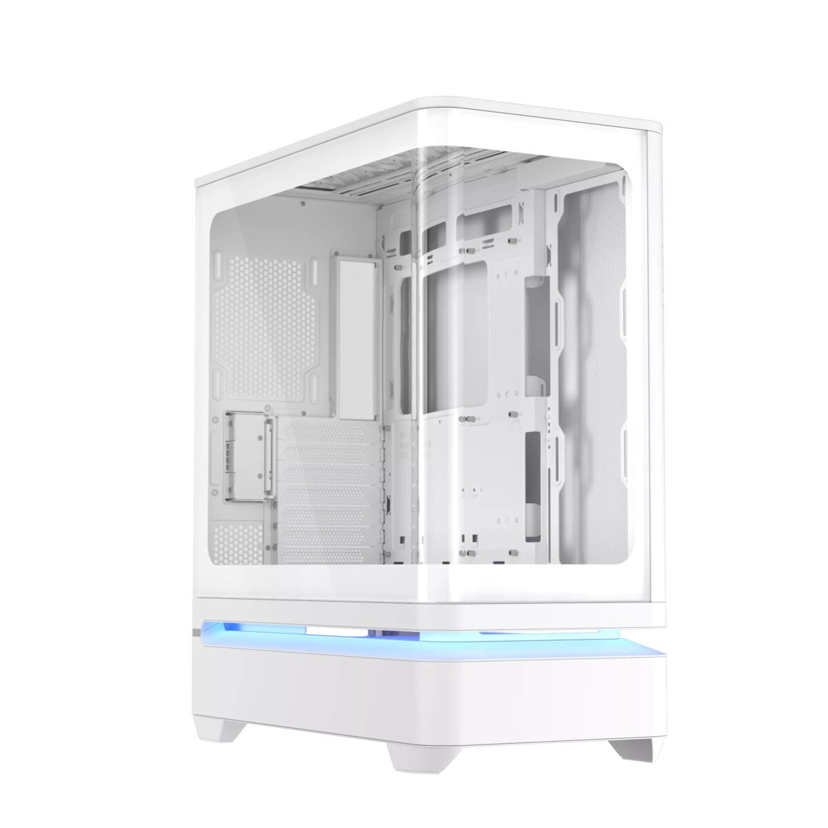 نمای روبهروی کیس ASUS Prime AP304 با پنل مشبک فلزی، لوگوی Prime و سه فن RGB قابل مشاهده پشت توری تهویه