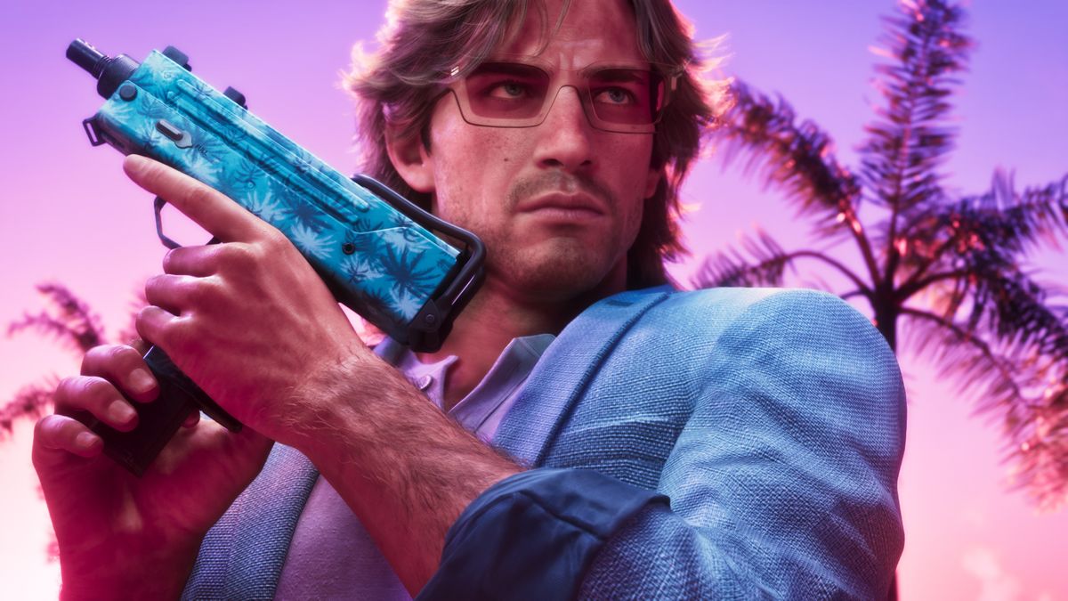 شخصیتی مرد از بازی GTA 6 با عینک طبی و پیراهن آبی، یک سلاح دستی با طرح آبی را در برابر پسزمینهای صورتی و نخلها در دست گرفته است.