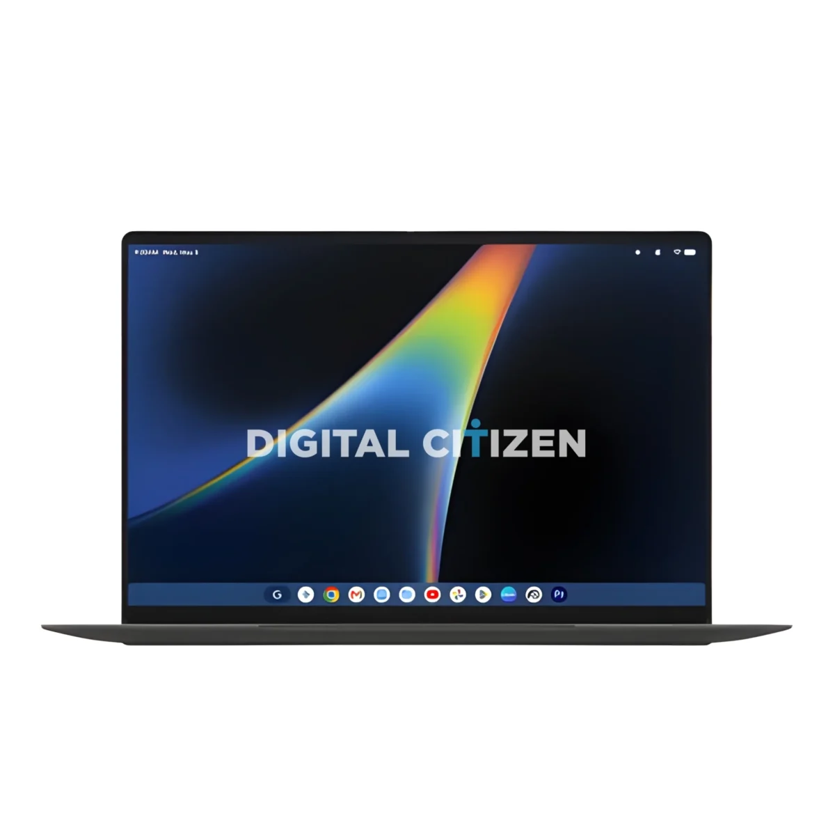 نمای روبهروی لپتاپ ASUS با نمایشگر روشن و آیکنهای برنامه در نوار پایین صفحه