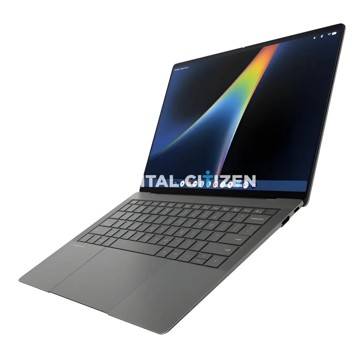 نمای سهربع لپتاپ ASUS با نمایشگر روشن، بدنه خاکستری و طراحی مینیمال
