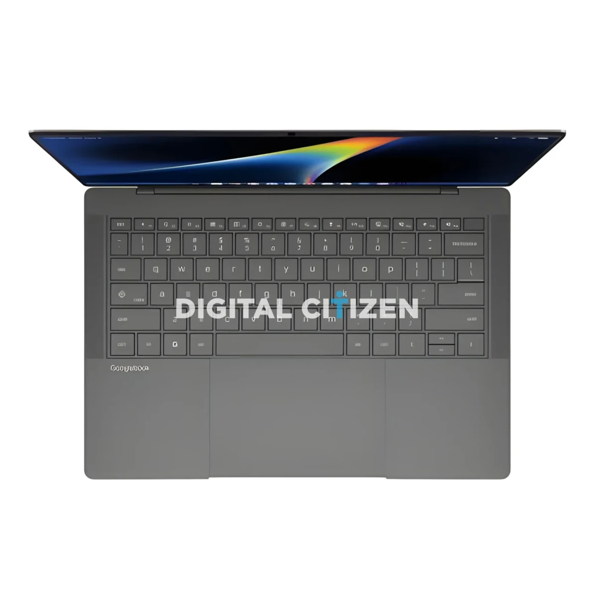 نمای بالایی لپتاپ ASUS با کیبورد کامل و نمایشگر بازشده، دیدهشدن لوگوی رنگی روی درپوش