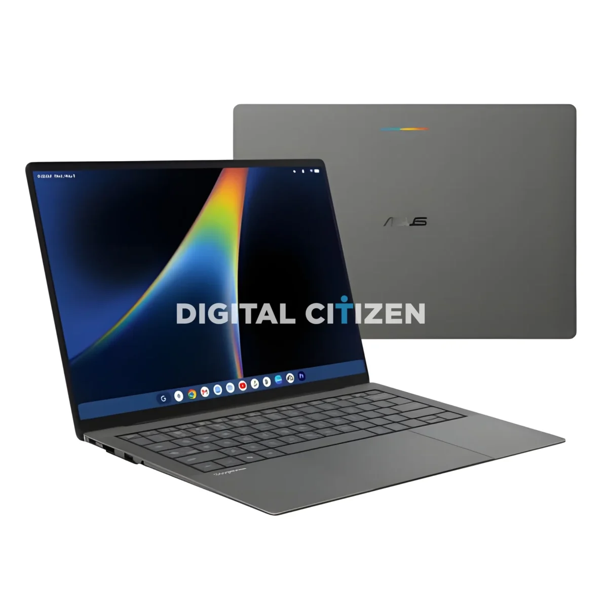 نمای کناری لپتاپ باریک ASUS با بدنه تیره، لبههای نازک و چند درگاه روی بدنه در پسزمینه سفید