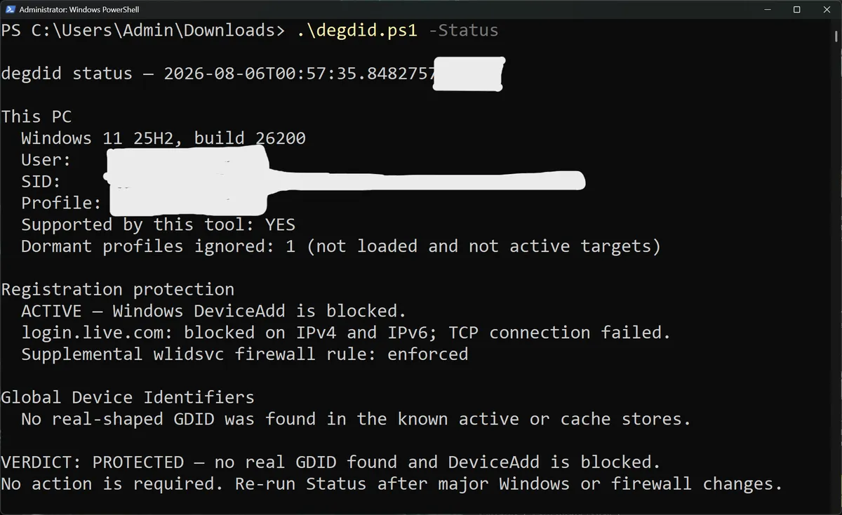 پنجره Windows PowerShell با خروجی اسکریپت degdid.ps1 -Status که وضعیت GDID موجود و چند مقدار واقعی را نشان میدهد