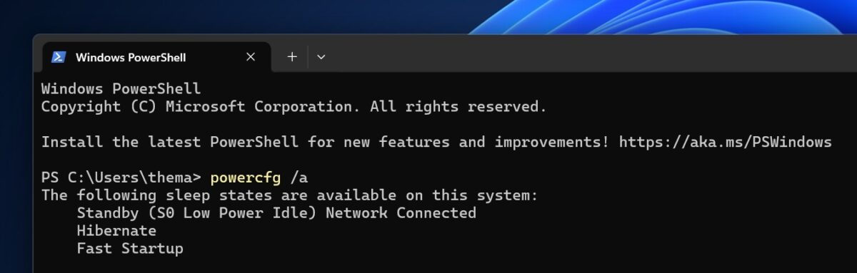 صفحه یا پنجرهای در ویندوز برای بررسی پشتیبانی Modern Standby، احتمالا با خروجی ابزار سیستمی یا PowerShell برای نمایش وضعیت این قابلیت