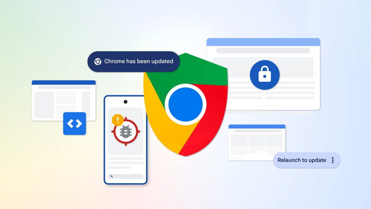 تصویر گرافیکی مربوط به آپدیت امنیتی گوگل کروم با لوگوی بزرگ Chrome در مرکز، پنجرههای مرورگر، آیکون قفل و پیامهای «Chrome has been updated» و «Relaunch to update» در اطراف آن