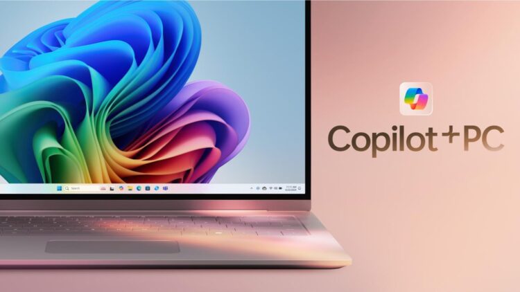 نمای نزدیک از لپتاپی با والپیپر رنگارنگ ویندوز ۱۱ و لوگوی درخشان Copilot+ PC در کنار صفحهنمایش.