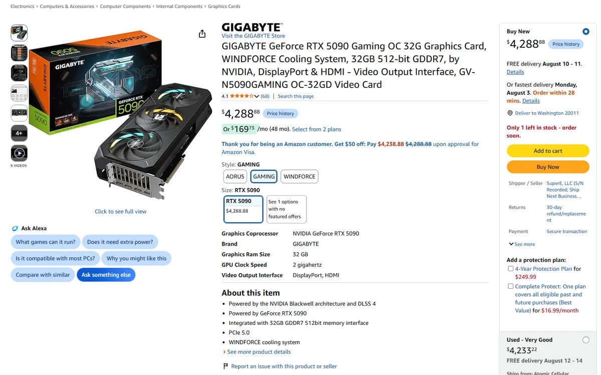 صفحه محصول کارت گرافیک GIGABYTE GeForce RTX 5090 Gaming OC با 32 گیگابایت حافظه GDDR7، معماری Blackwell و قیمت 4,288.88 دلار در وبسایت آمازون