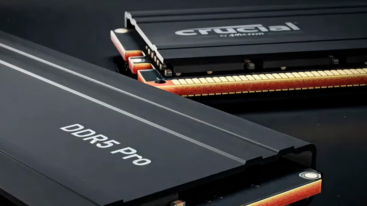 نمای نزدیک از ماژولهای حافظه رم Crucial DDR5 Pro با هیتسینک مشکی، برچسب برند و کانکتورهای طلایی روی برد