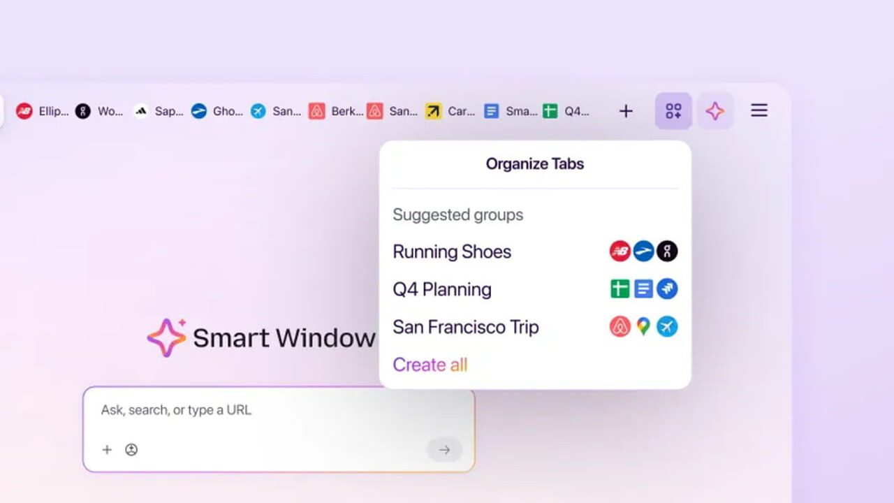 پنجره Smart Window مرورگر فایرفاکس با پیشنهاد گروهبندی تبها برای کفش دویدن، برنامهریزی فصل چهارم و سفر سانفرانسیسکو.