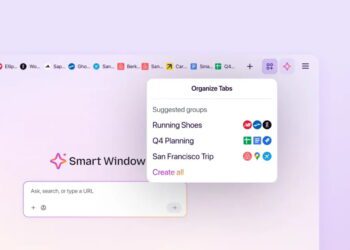 پنجره Smart Window مرورگر فایرفاکس با پیشنهاد گروه‌بندی تب‌ها برای کفش دویدن، برنامه‌ریزی فصل چهارم و سفر سان‌فرانسیسکو.