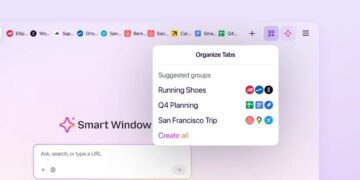 پنجره Smart Window مرورگر فایرفاکس با پیشنهاد گروهبندی تبها برای کفش دویدن، برنامهریزی فصل چهارم و سفر سانفرانسیسکو.