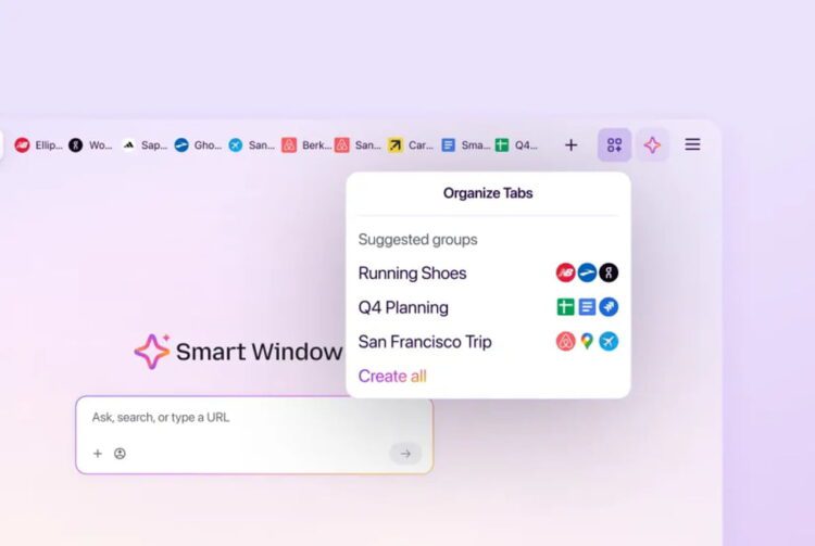 پنجره Smart Window مرورگر فایرفاکس با پیشنهاد گروهبندی تبها برای کفش دویدن، برنامهریزی فصل چهارم و سفر سانفرانسیسکو.
