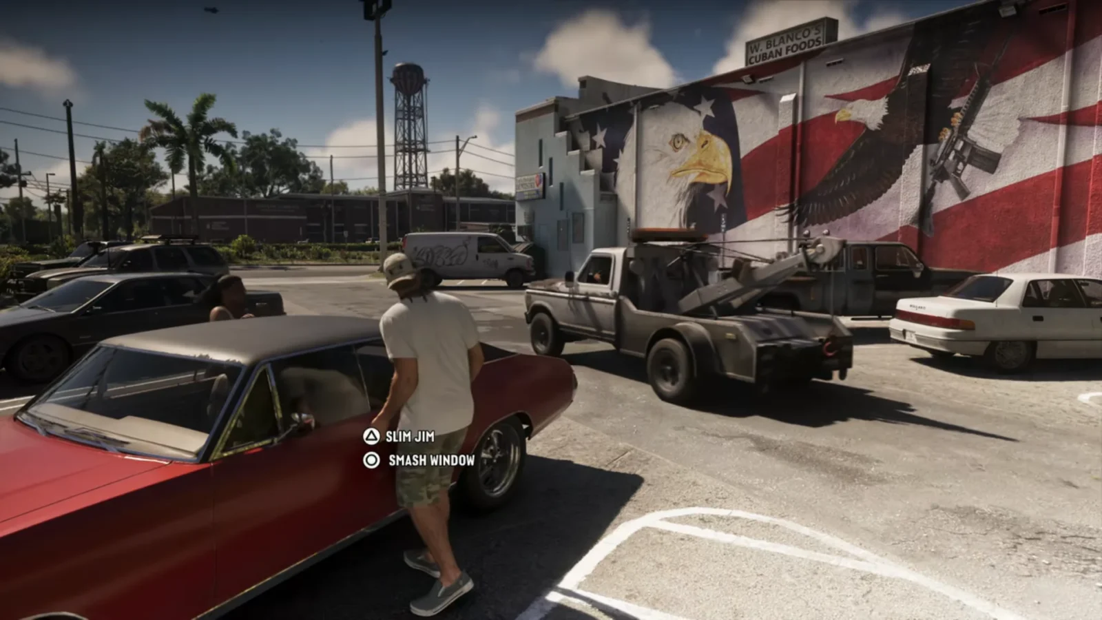 صحنهای از گیمپلی بازی GTA 6 با حضور شخصیت جیسون در حال سرقت ماشین کلاسیک قرمز و نمایش راهنمای دکمههای کنترل بازی در پارکینگ روبروی فروشگاه.