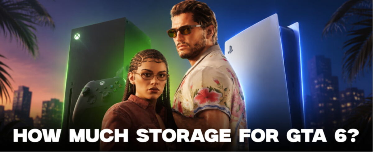 تصویر تبلیغاتی GTA 6 با حضور دو شخصیت اصلی در برابر کنسولهای Xbox و PlayStation و متن انگلیسی «How much storage for GTA 6?».