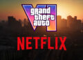 لوگوی ترکیبی بازی Grand Theft Auto VI و نتفلیکس روی پسزمینهای از نمای هوایی شهر و اتوبان در غروب آفتاب.