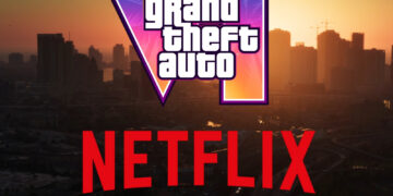 لوگوی ترکیبی بازی Grand Theft Auto VI و نتفلیکس روی پسزمینهای از نمای هوایی شهر و اتوبان در غروب آفتاب.