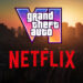 لوگوی ترکیبی بازی Grand Theft Auto VI و نتفلیکس روی پسزمینهای از نمای هوایی شهر و اتوبان در غروب آفتاب.