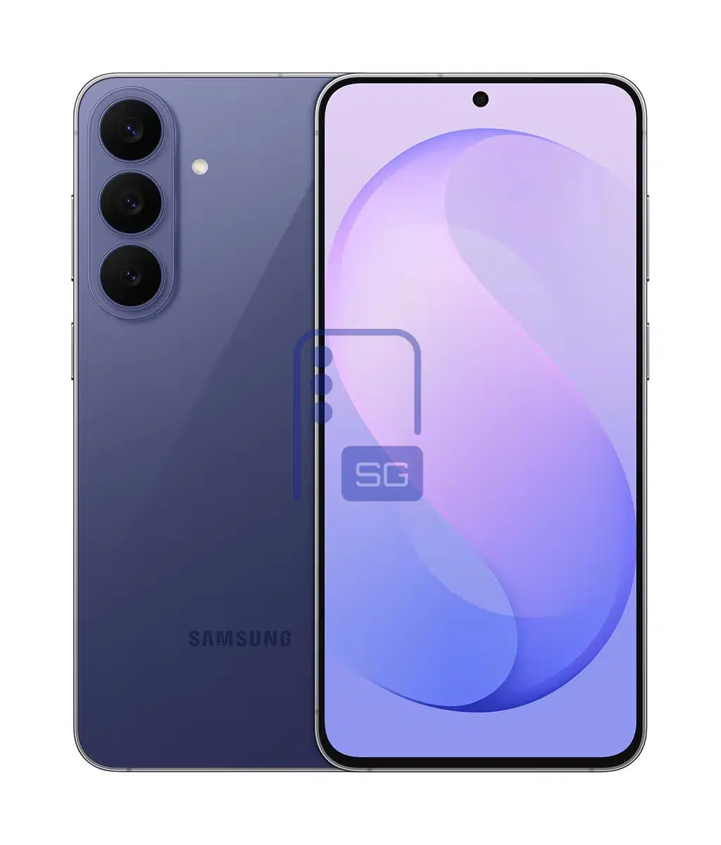 رندر تبلیغاتی Galaxy S26 FE در رنگ آبی مایل به بنفش با نمای جلو و پشت، دوربین سهگانه عمودی و نمایشگر پانچهول.