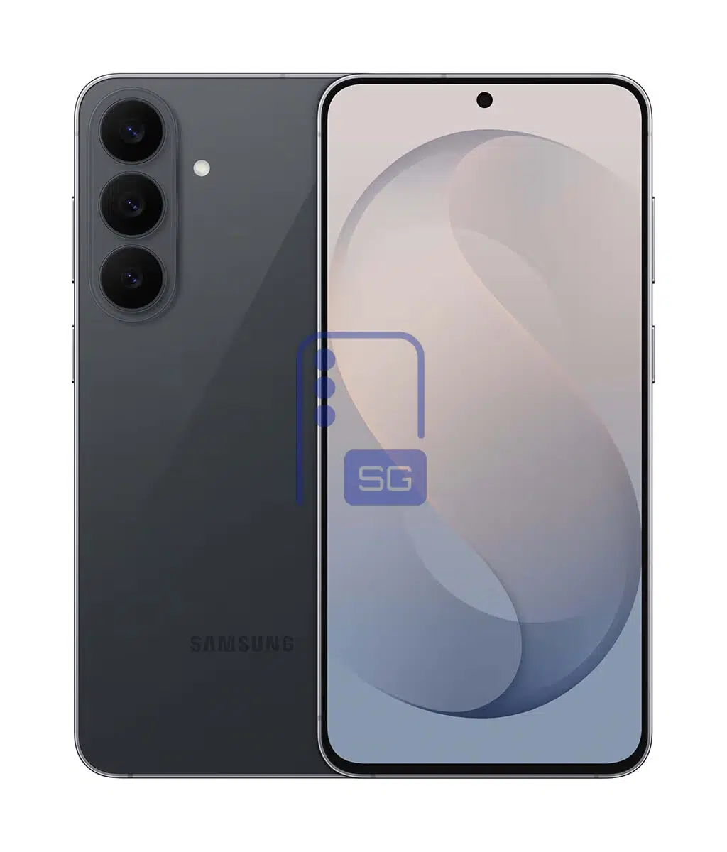 رندر تبلیغاتی Galaxy S26 FE در رنگ خاکستری گرافیتی با نمای جلو و پشت، دوربین سهگانه عمودی و نمایشگر پانچهول.
