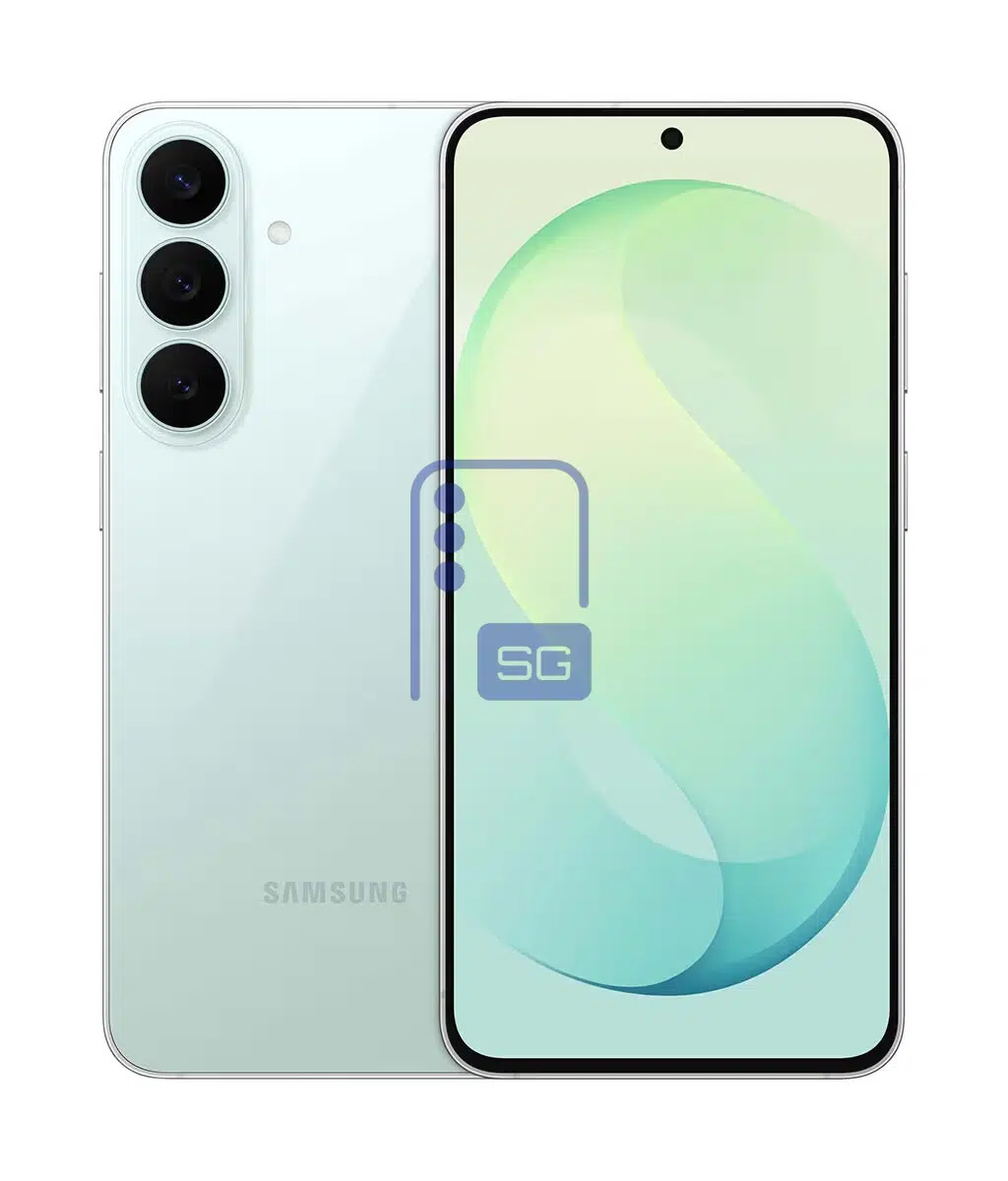 رندر تبلیغاتی Galaxy S26 FE در رنگ سبز پستهای با نمای جلو و پشت، دوربین سهگانه عمودی و نمایشگر پانچهول.