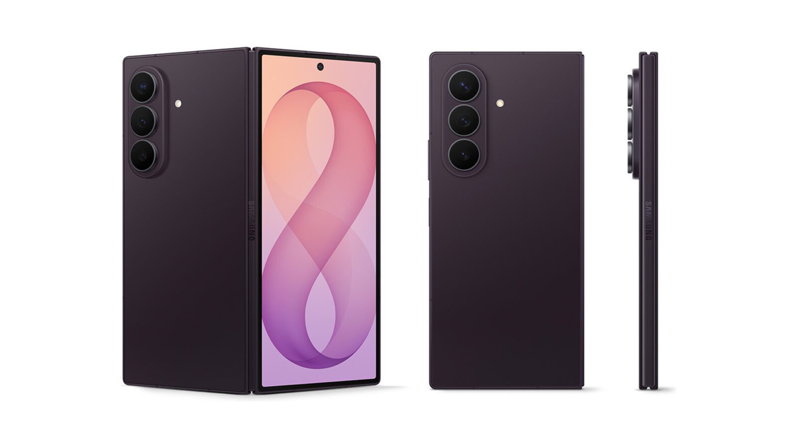 گوشی تاشوی بنفش رنگ سامسونگ Galaxy Z Fold 8 Ultra در زوایای مختلف نیمهباز، پشت و نمای جانبی.