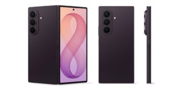 گوشی تاشوی بنفش رنگ سامسونگ Galaxy Z Fold 8 Ultra در زوایای مختلف نیمهباز، پشت و نمای جانبی.