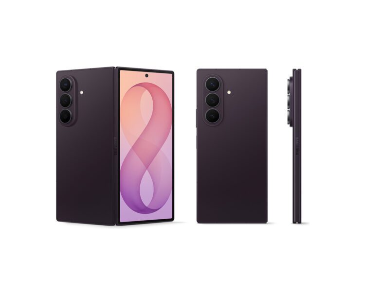 گوشی تاشوی بنفش رنگ سامسونگ Galaxy Z Fold 8 Ultra در زوایای مختلف نیمهباز، پشت و نمای جانبی.