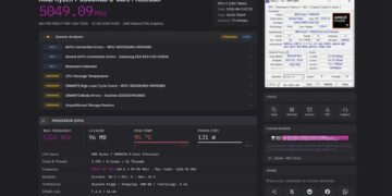 اسکرینشات نتیجه بررسی پردازنده AMD Ryzen 7 9800X3D در ابزار اعتبارسنجی، با فرکانس ۵۰۴۹ مگاهرتز، دمای اوج ۹۵ درجه سانتیگراد، توان ۱۳۱ وات و فهرستی از هشدارهای سختافزاری.