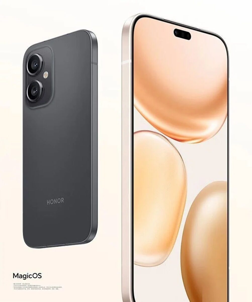 نمای جلو و پشت گوشی Honor Play 11 Pro مشکی با فریم تخت، نمایشگر حفرهدار و تصویر پسزمینه طلایی، همراه با اشاره به سیستمعامل MagicOS.