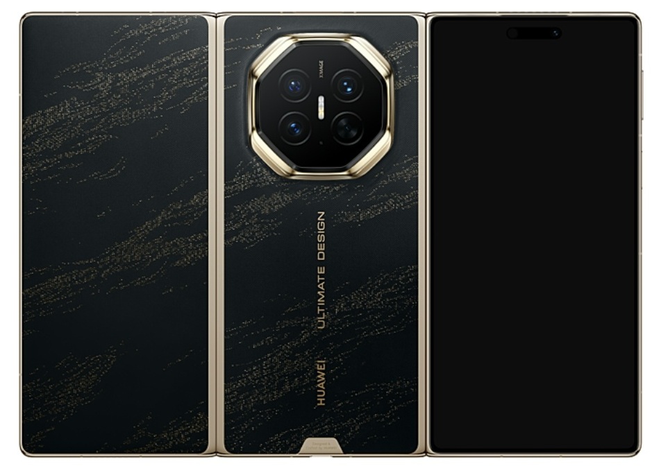 نمای پشتی گوشی تاشوی سهلایه Huawei Mate XT 2 در رنگ طلایی-مشکی با بدنه مشکی بافتدار و لبههای طلایی و ماژول دوربین هشتضلعی با چهار لنز.